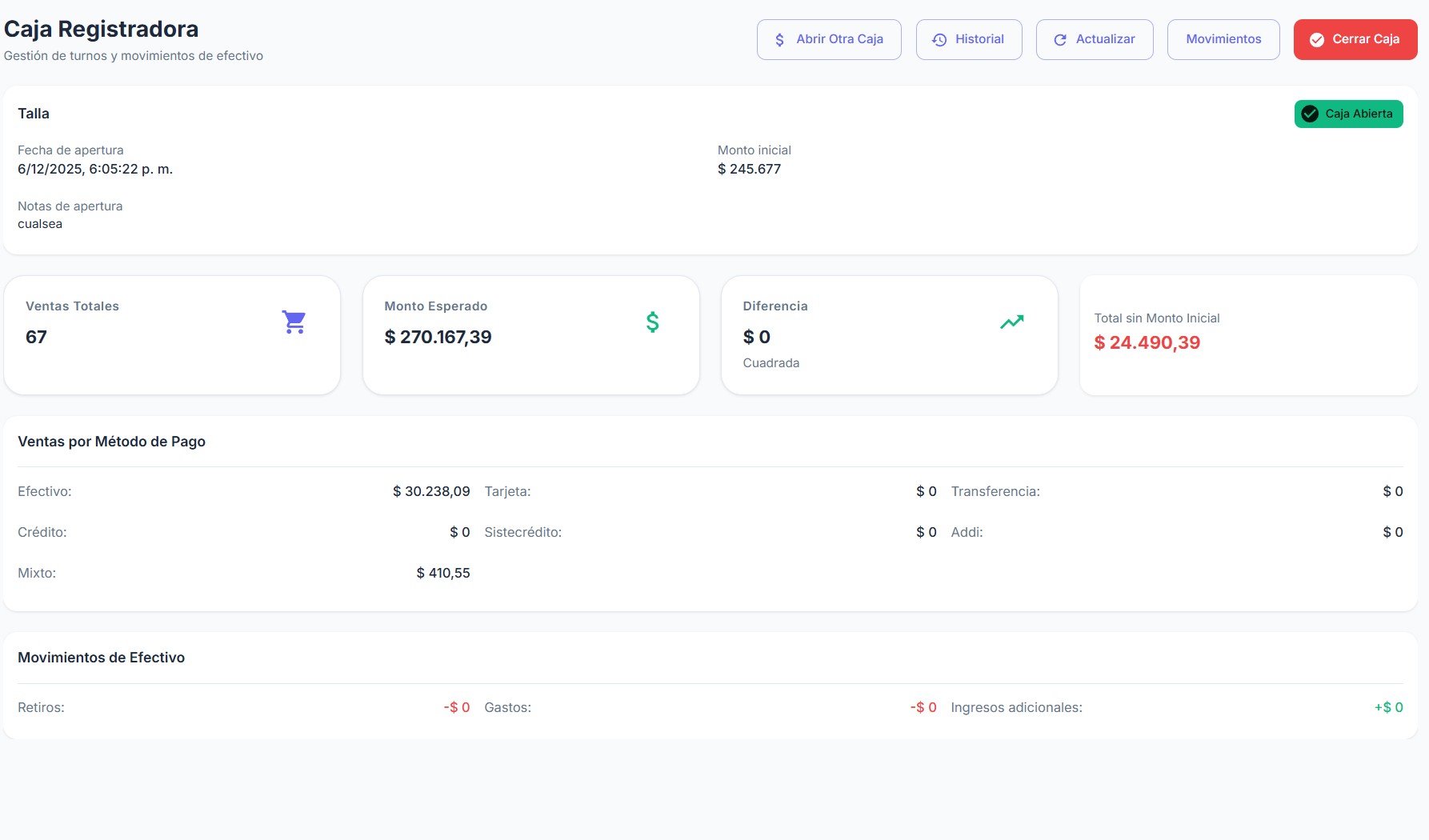 Gestión completa de cajas registradoras POSENT con apertura y cierre de turnos