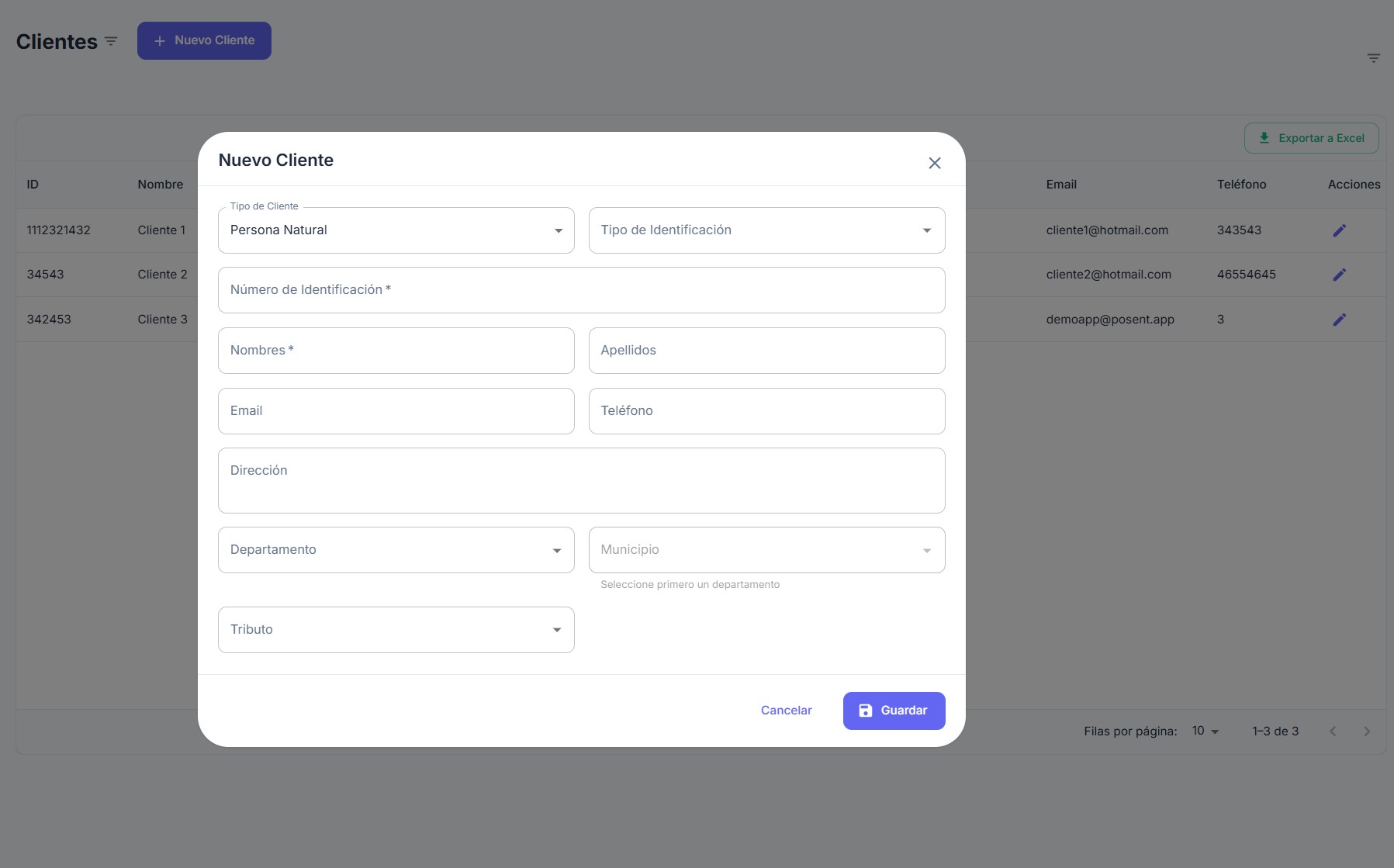 Gestión de clientes POSENT con historial de compras y datos de contacto